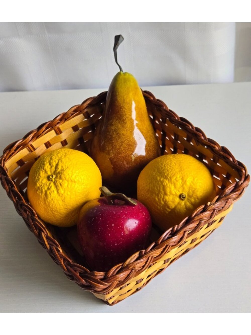 Decor Stone Fruit Set Pear, Red Apple, Two Oranges with Basket